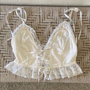 For Love And Lemons - Ribbed White/Cream Lace Trim Tie Front Bralette Cami Top